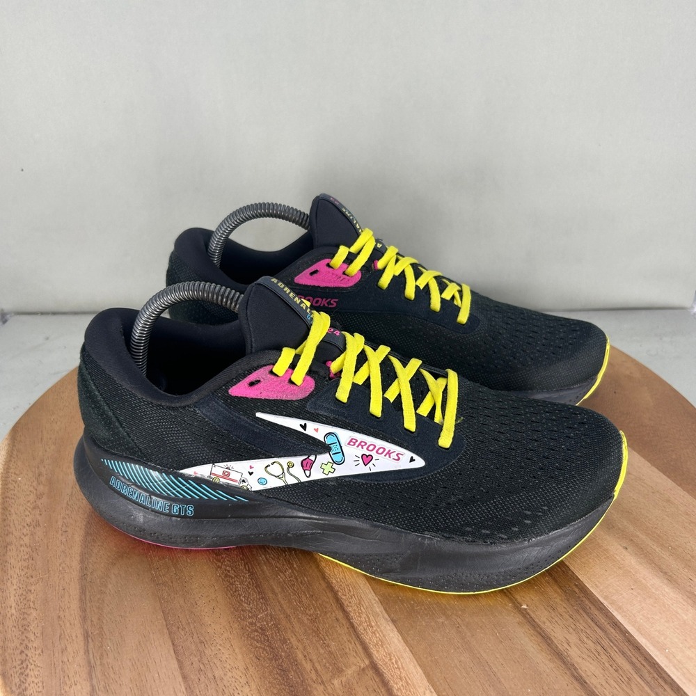 Brooks Adrenaline GTS 24 Women 10 B Running Shoes Black Yellow Nurse Medical